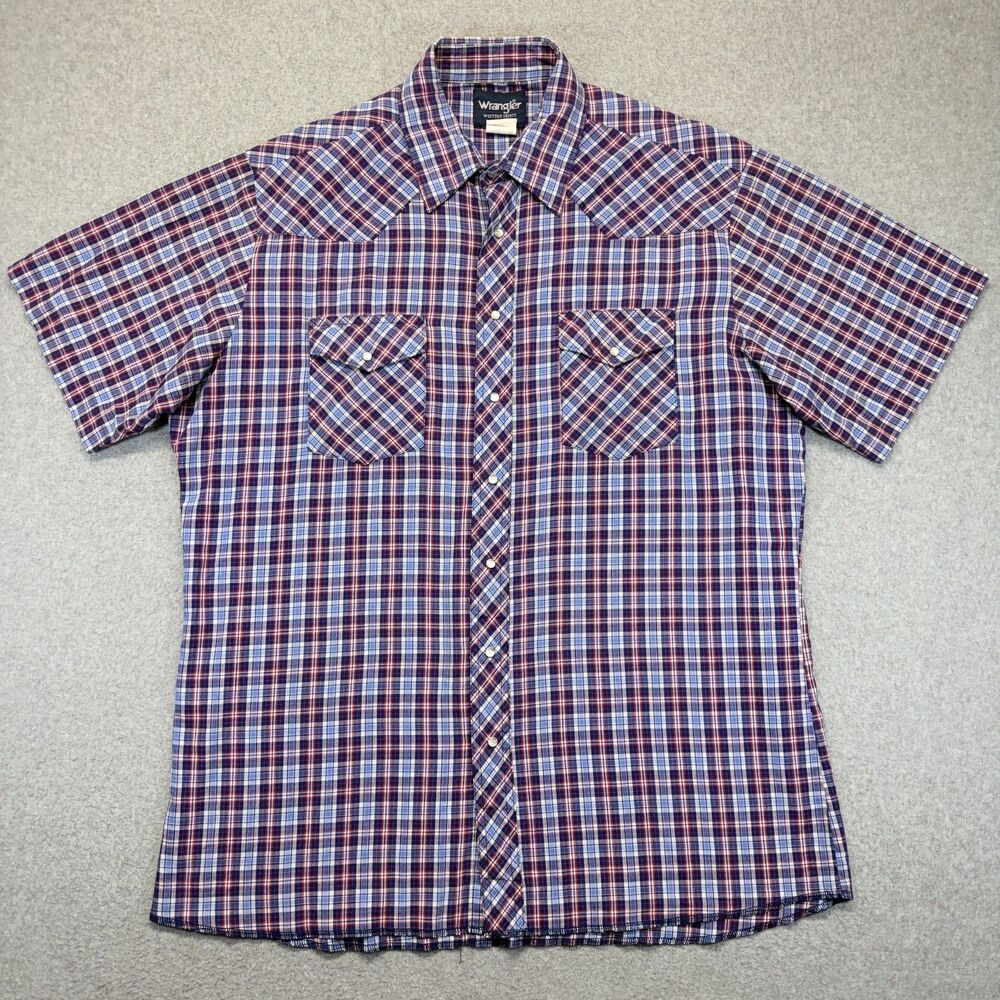Wrangler Plaid Button Up Shirt Men’s XLT Red Blue Short Sleeve Pearl Snap